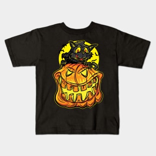 Black Cat on a Jack-O-Lantern Pumpkin By eShirtlabs Kids T-Shirt